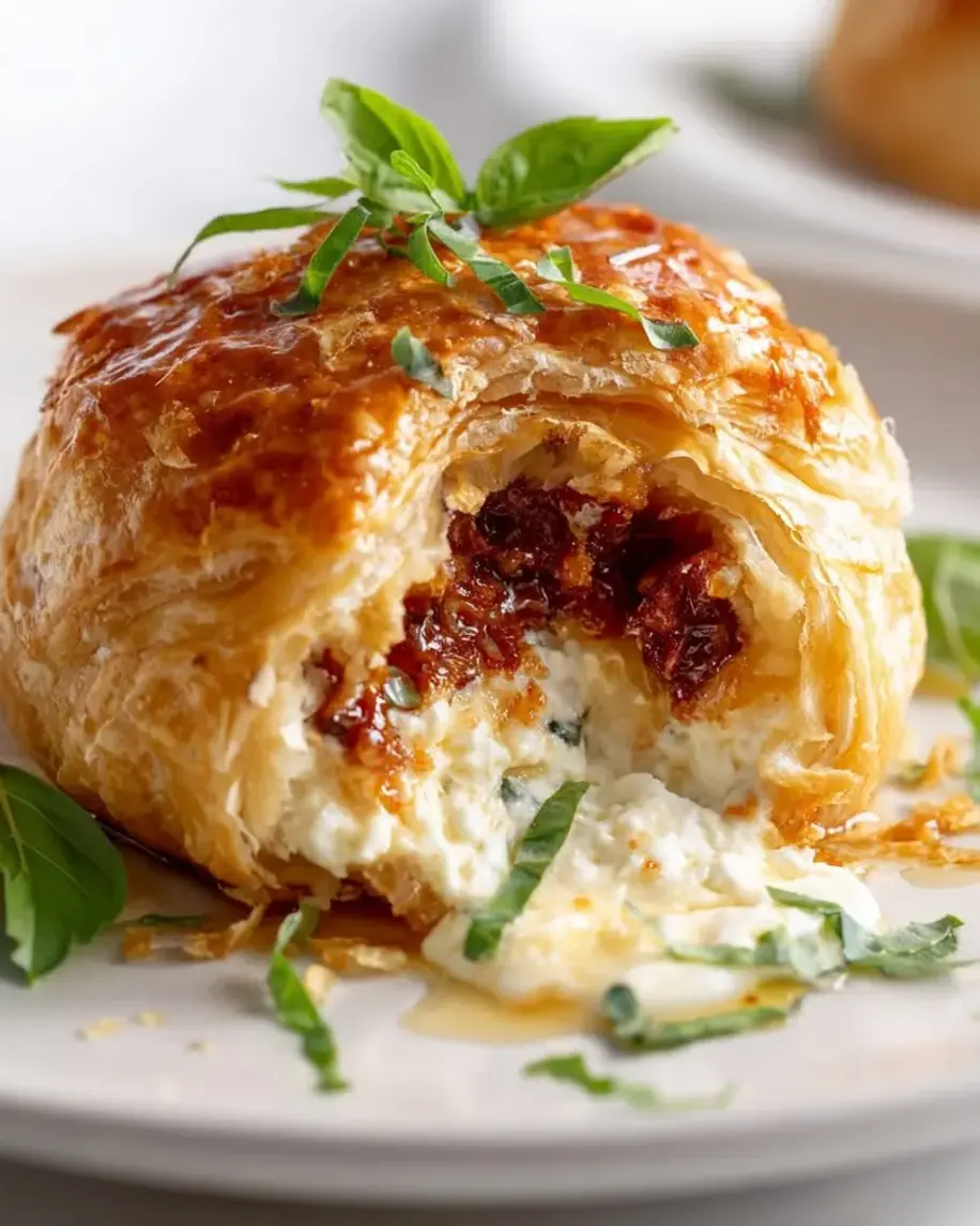 A golden brown puff pastry bomb with a slight crack revealing molten feta cheese inside.