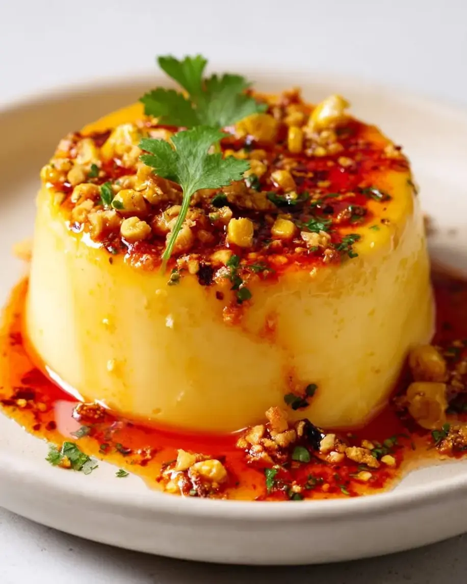 Silky roasted corn panna cotta served in small dishes with chili-lime oil drizzled on top.