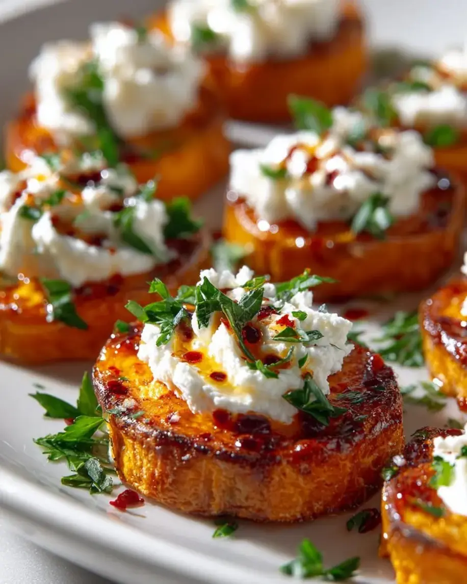 Crispy Sweet Potato Rounds with Whipped Feta and Chili Oil
