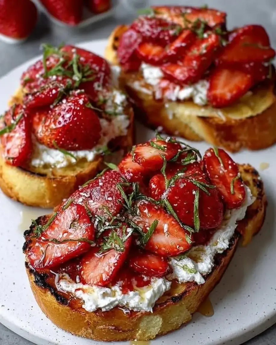 A close-up of roasted strawberries on top of whipped ricotta toast, garnished with mint and drizzled with honey.