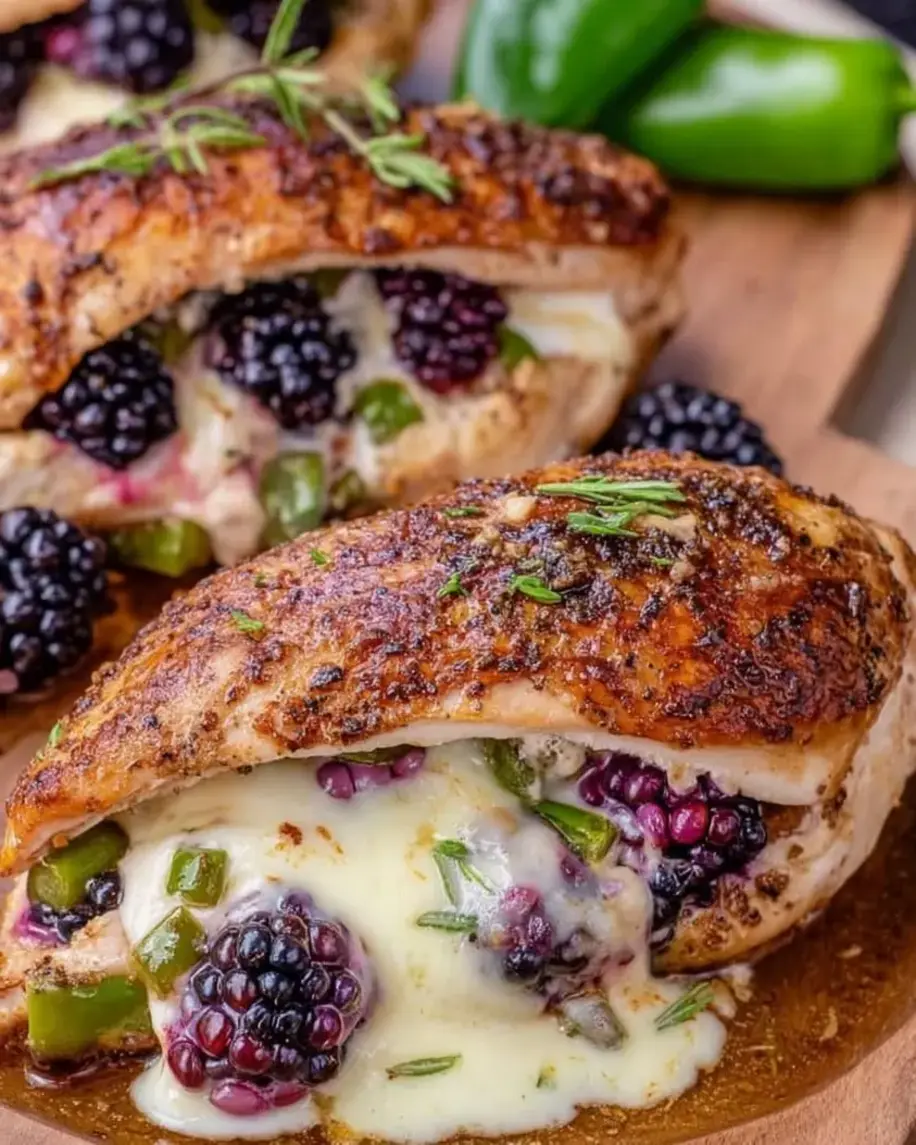 Melty Blackberry Jalapeño Stuffed Chicken Explosion ready to serve