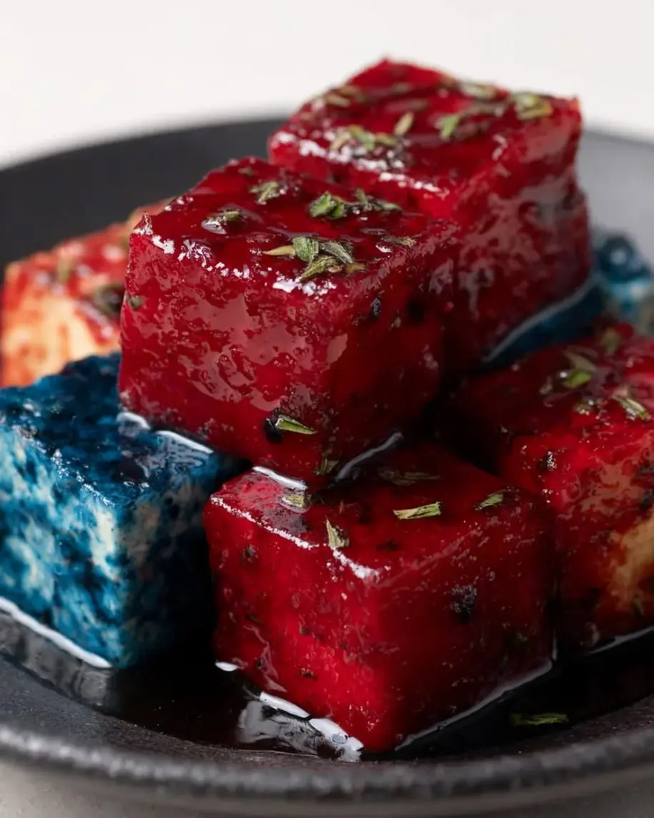Vibrant Kool-Aid Feta Cubes waiting to be served