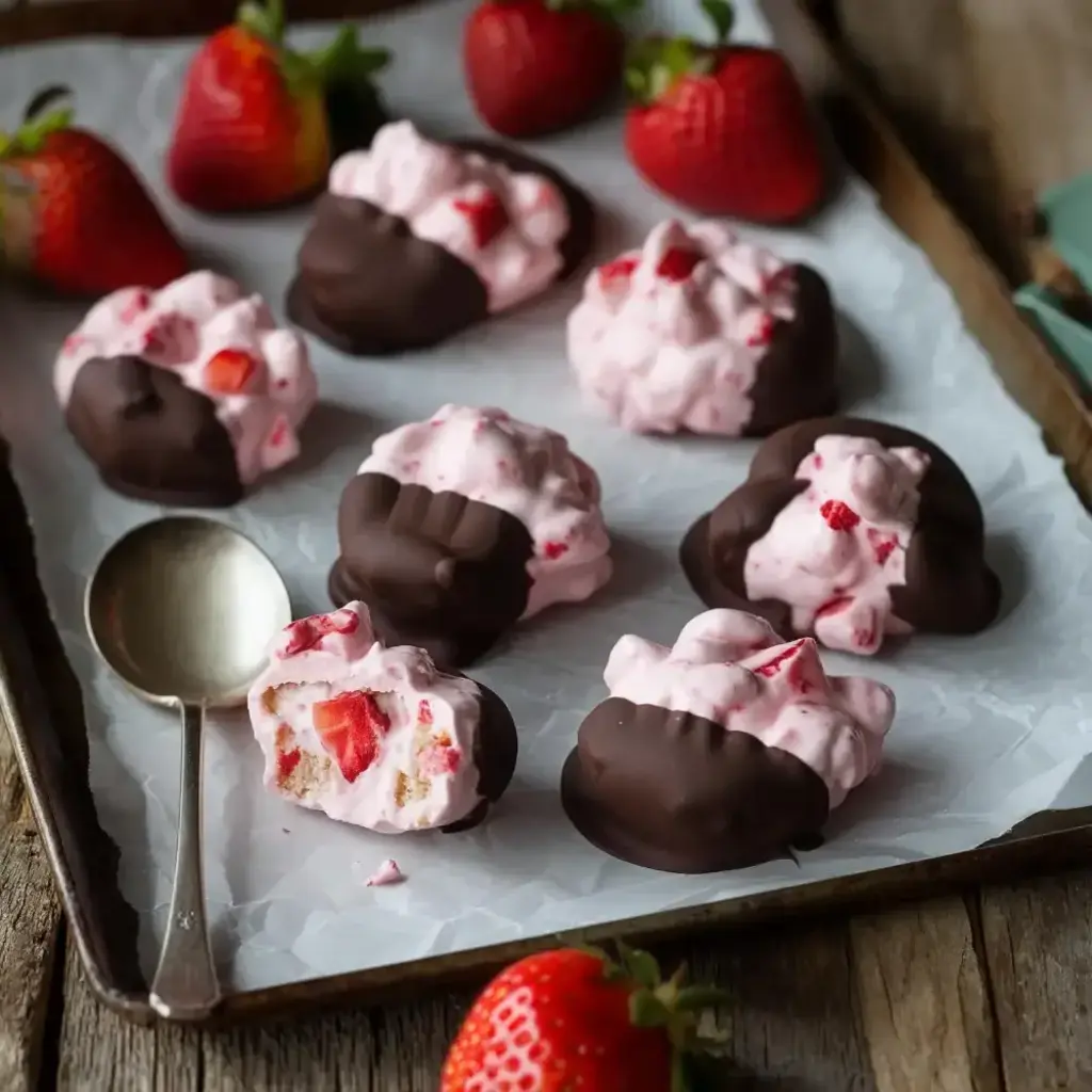 Strawberry yogurt clusters on a baking sheet