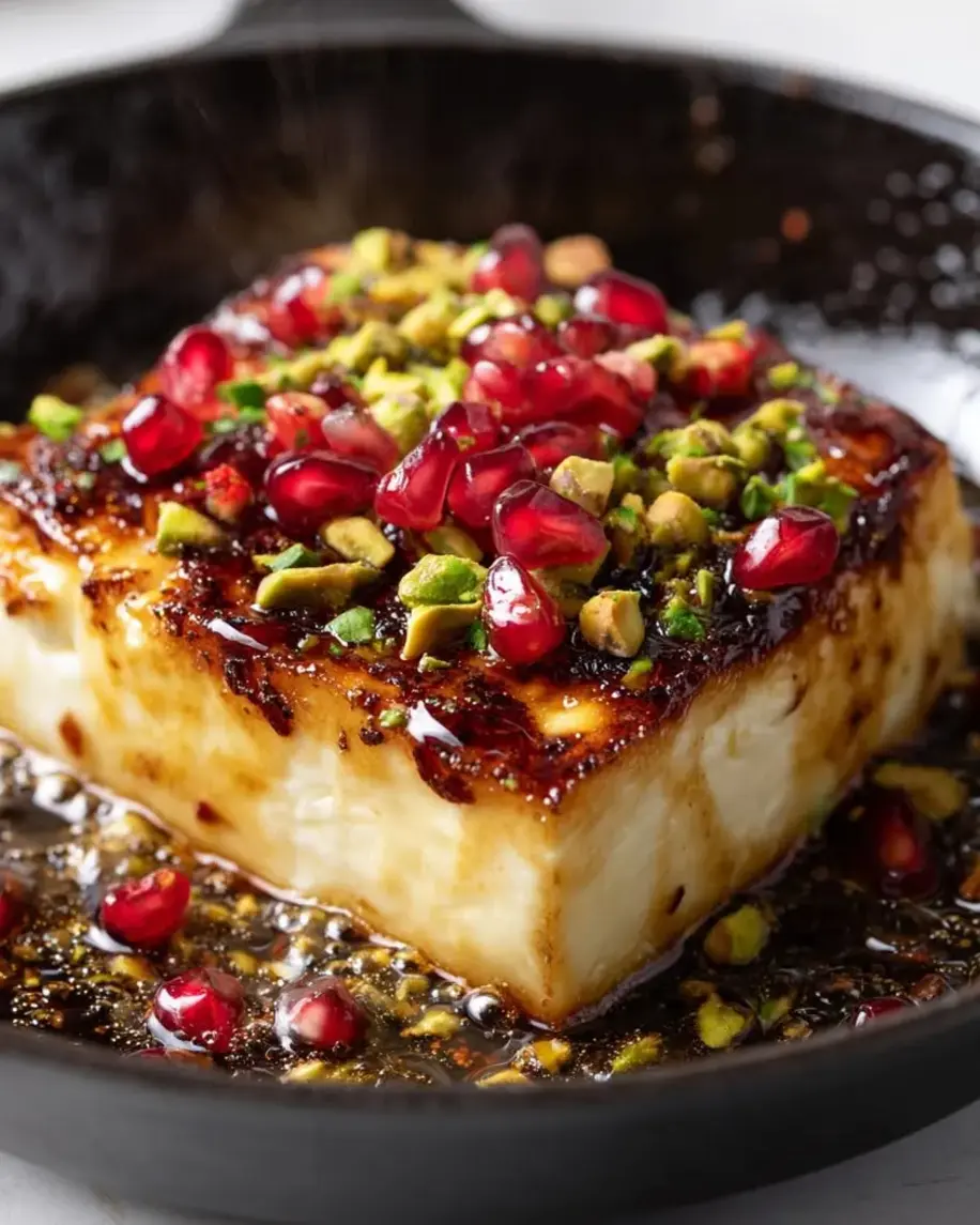 Swicy Caramelized Feta with Pistachios and Pomegranate Seeds