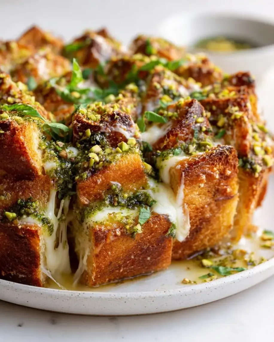 Checkerboard Pull-Apart Loaf with Pistachio Pesto & Burrata sliced to reveal the pattern