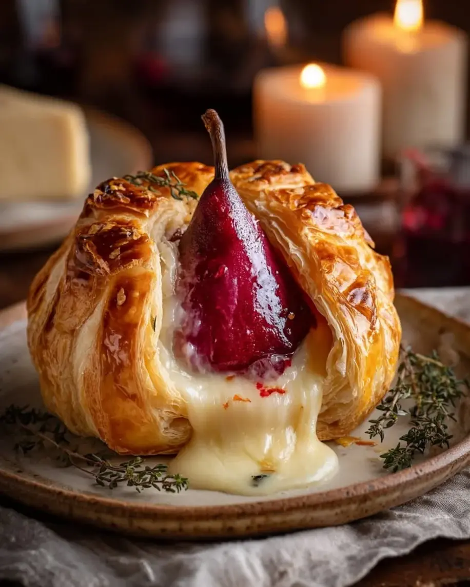 Poached pear and brie wrapped in puff pastry before baking