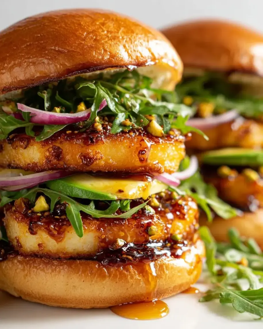 Pistachio-crusted halloumi burger with hot honey drizzle.