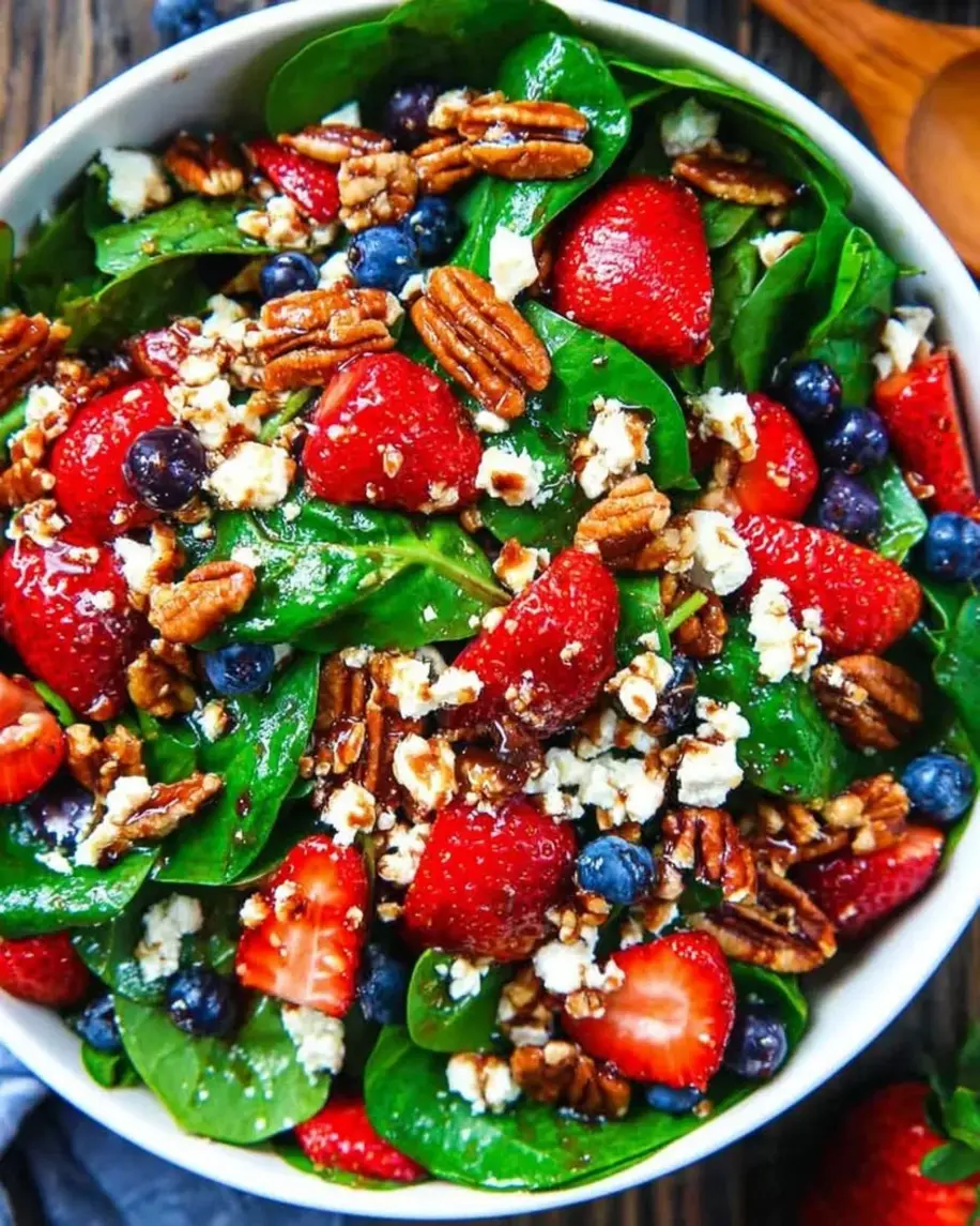 A vibrant strawberry spinach salad with feta and pecans.