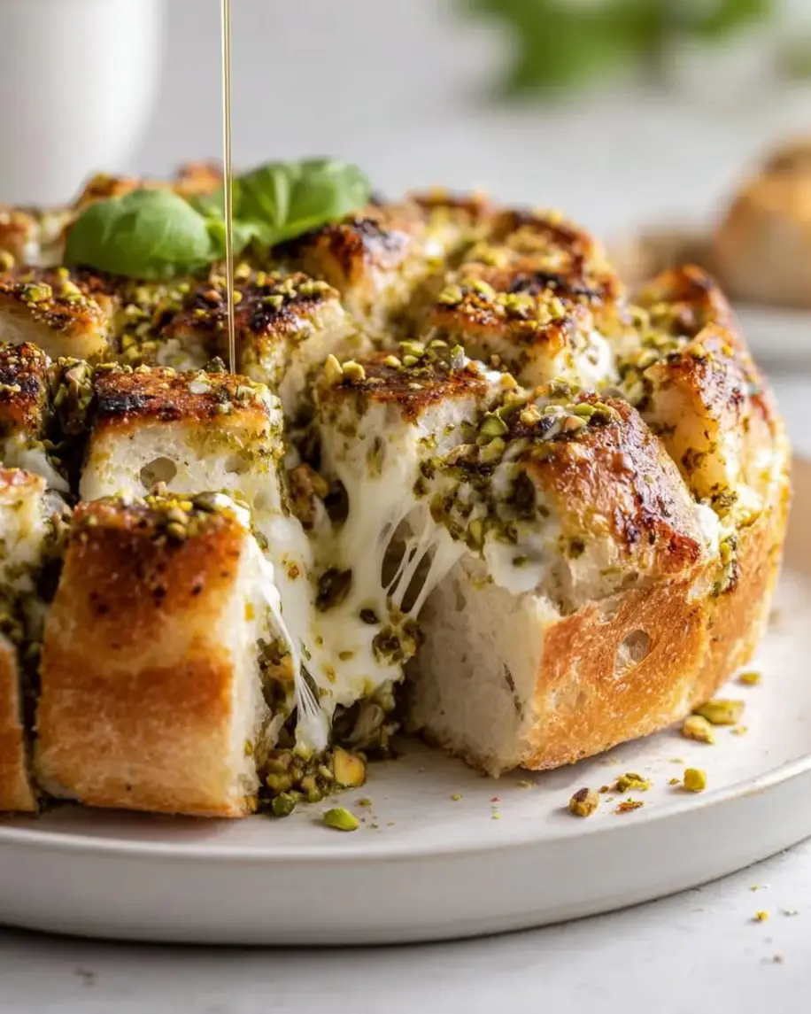 Burrata and Pistachio Pesto Checkerboard Bread slicing open to reveal layers.