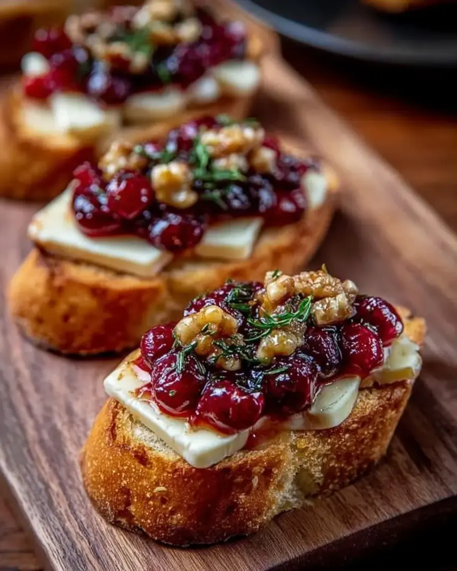 A beautiful spread of cranberry and brie toast slices, artfully arranged with garnishes.