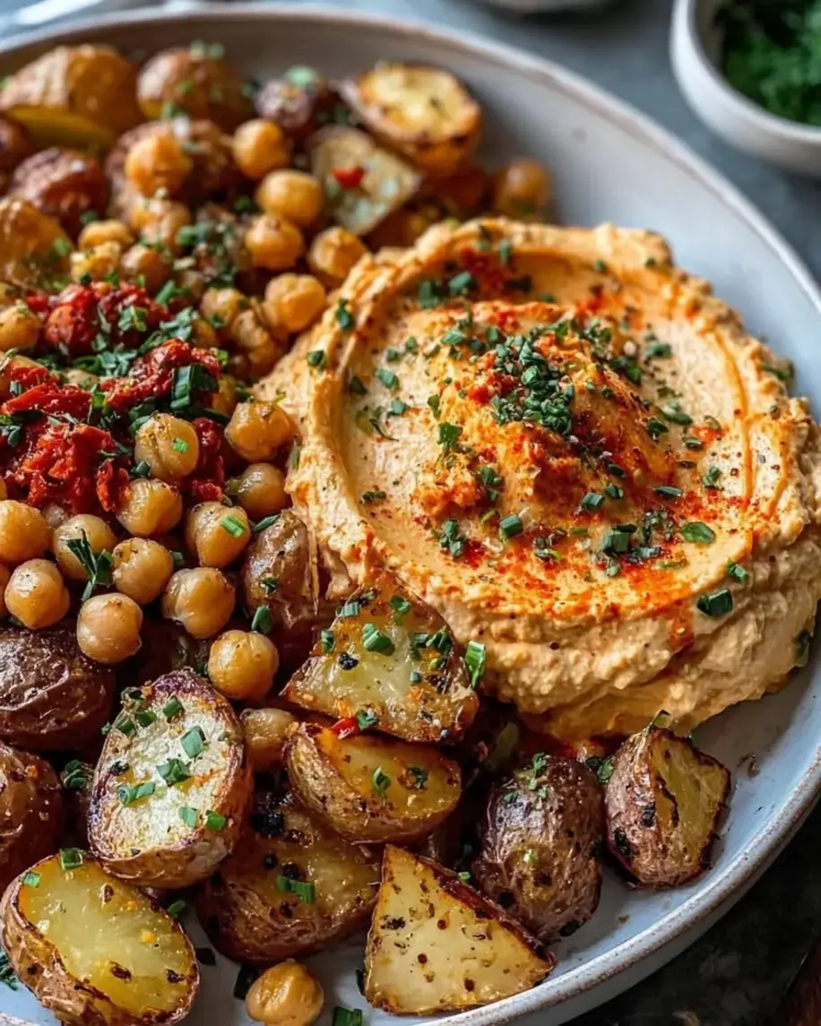 Roasted potatoes and chickpeas with red pepper whipped feta on a platter.