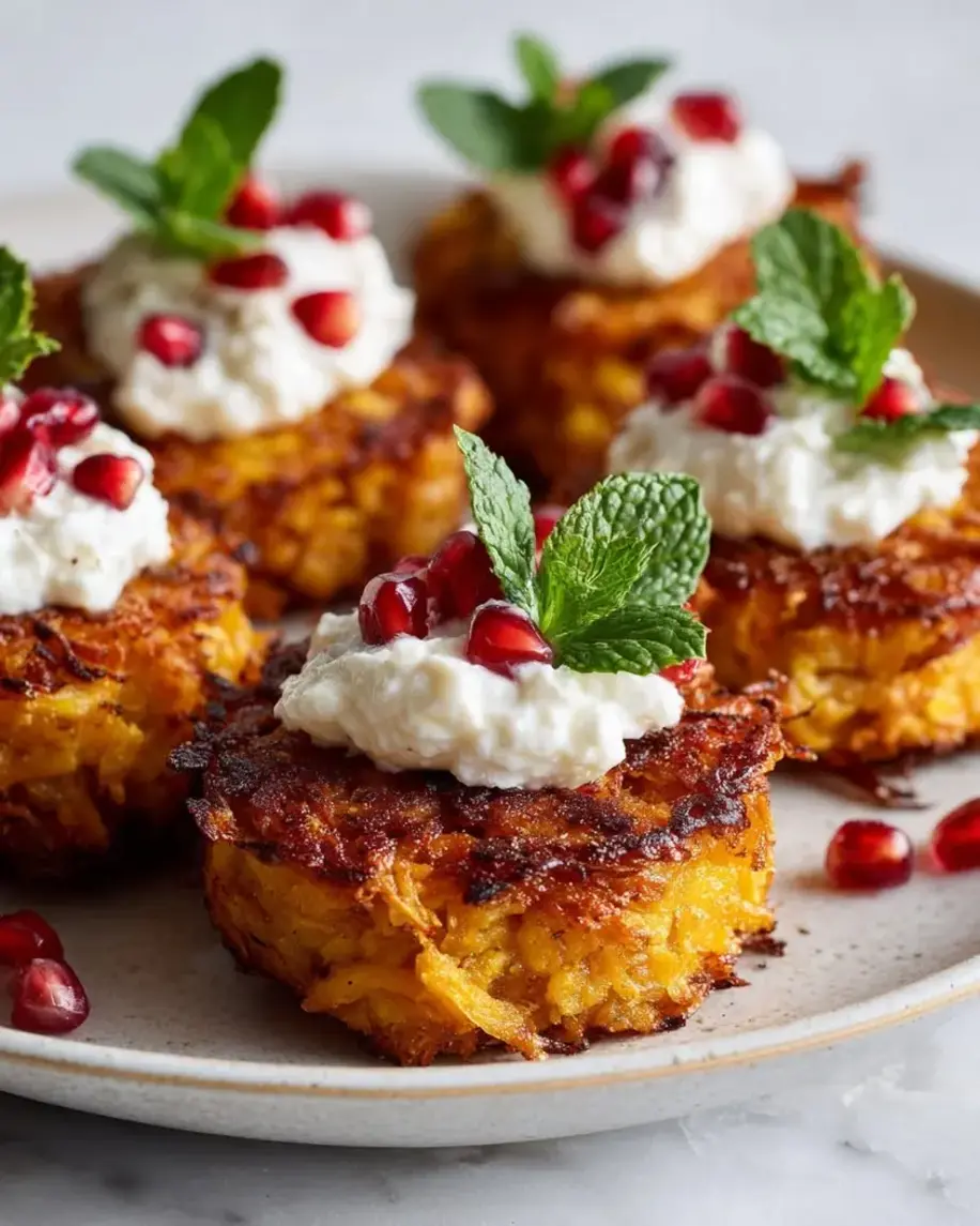 Crispy sweet potato rosti with whipped feta and pomegranate seeds.