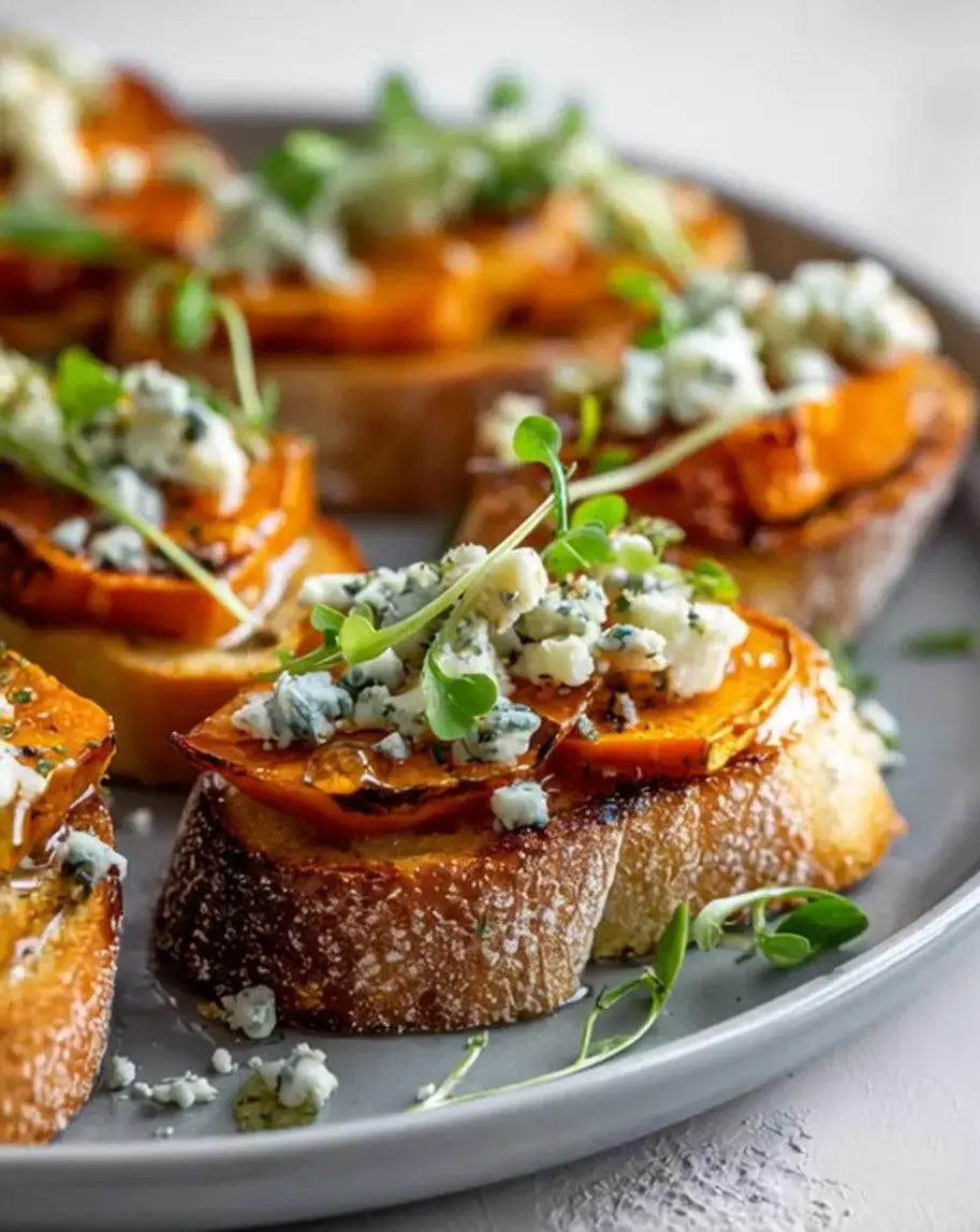Sweet potato and blue cheese crostini arranged on a platter.