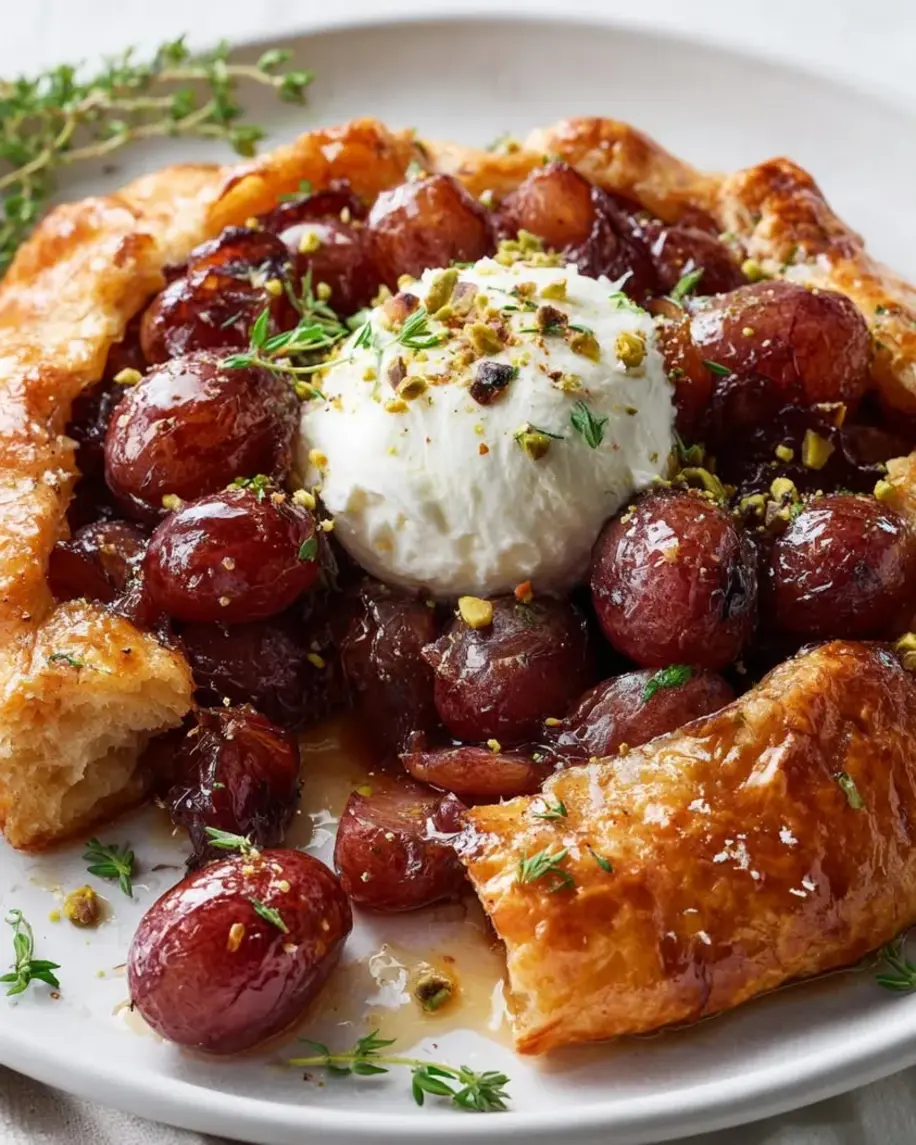 Burrata and Jammy Roasted Grape Galette on a rustic wooden board.