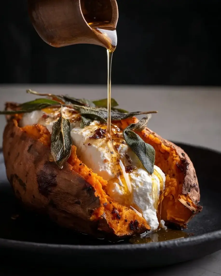 Baked sweet potato cut open to reveal melting feta cheese and topped with crispy sage leaves.