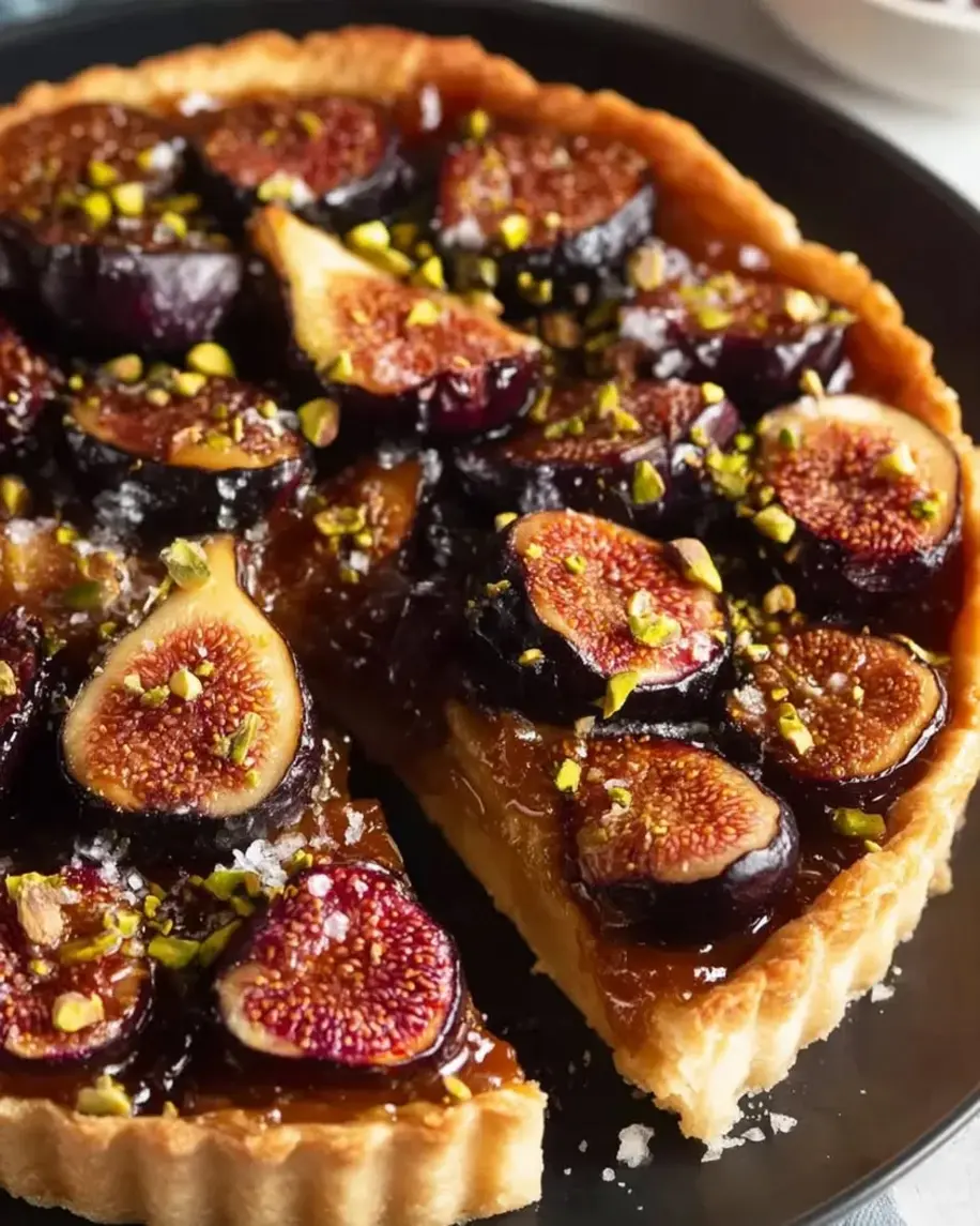 A beautifully baked puff pastry tart topped with caramelized figs and pistachios.