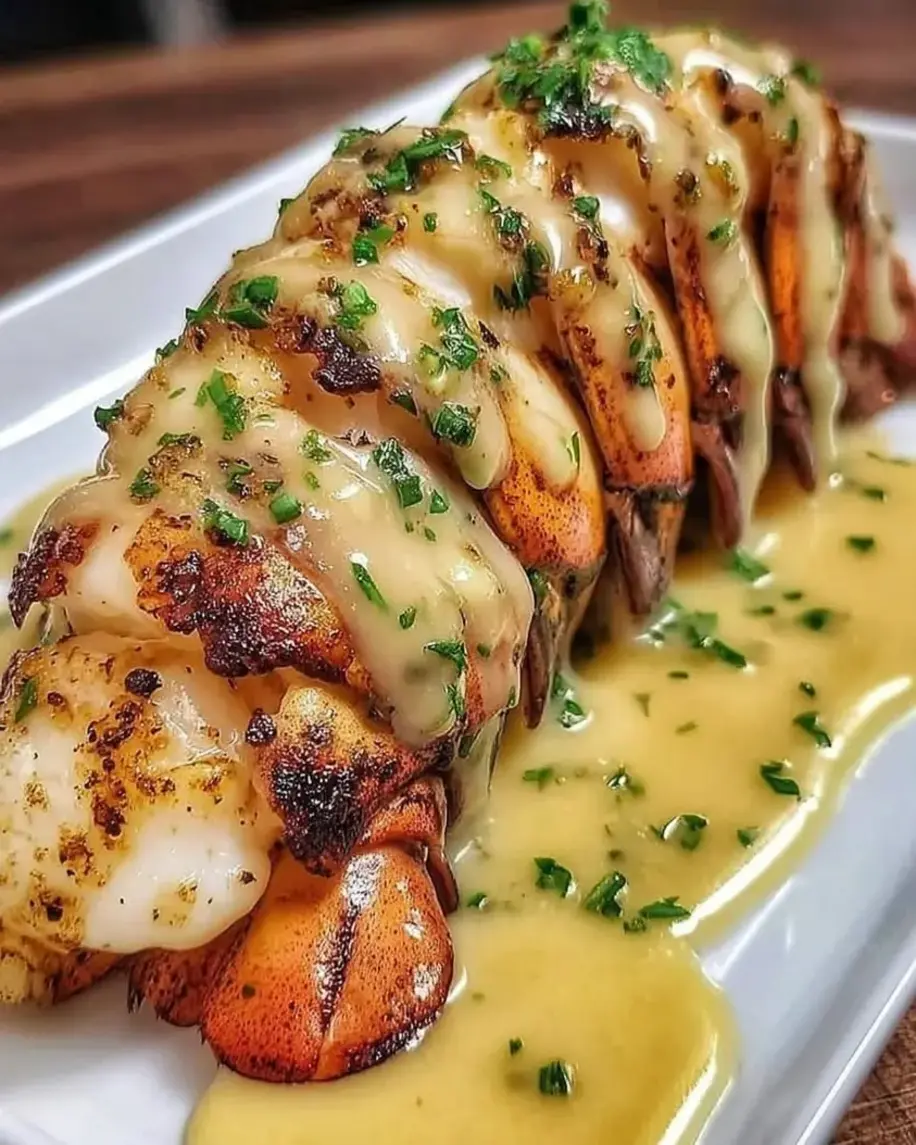 Succulent butter-seared lobster tails with garlic cream sauce