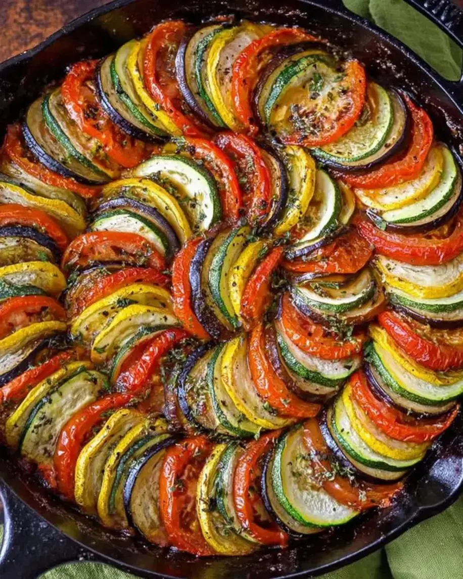 A vibrant baked ratatouille with distinct layers of vegetables in a baking dish.
