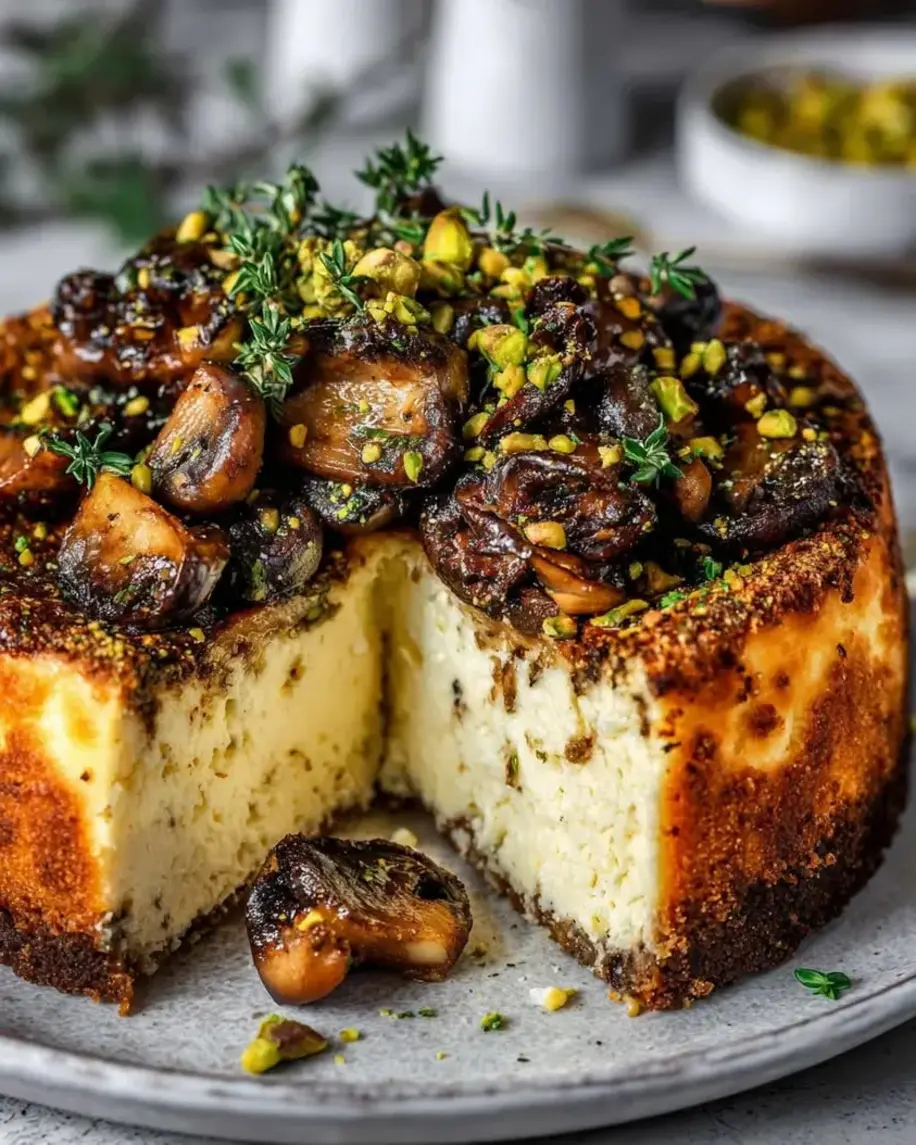 Savory Pistachio Mushroom Cheesecake portion slice