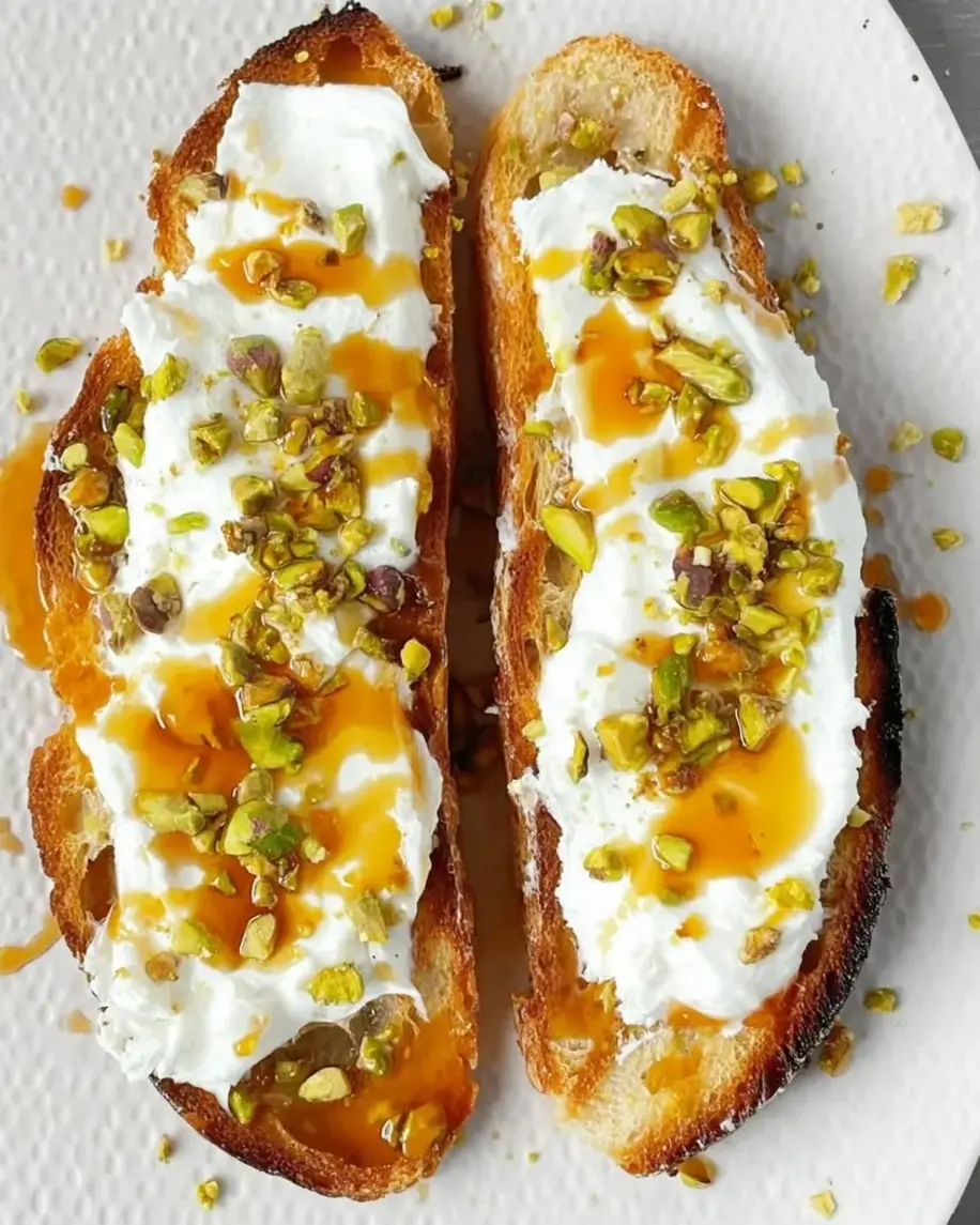 Burrata toast with pistachios and hot honey on a wooden board.