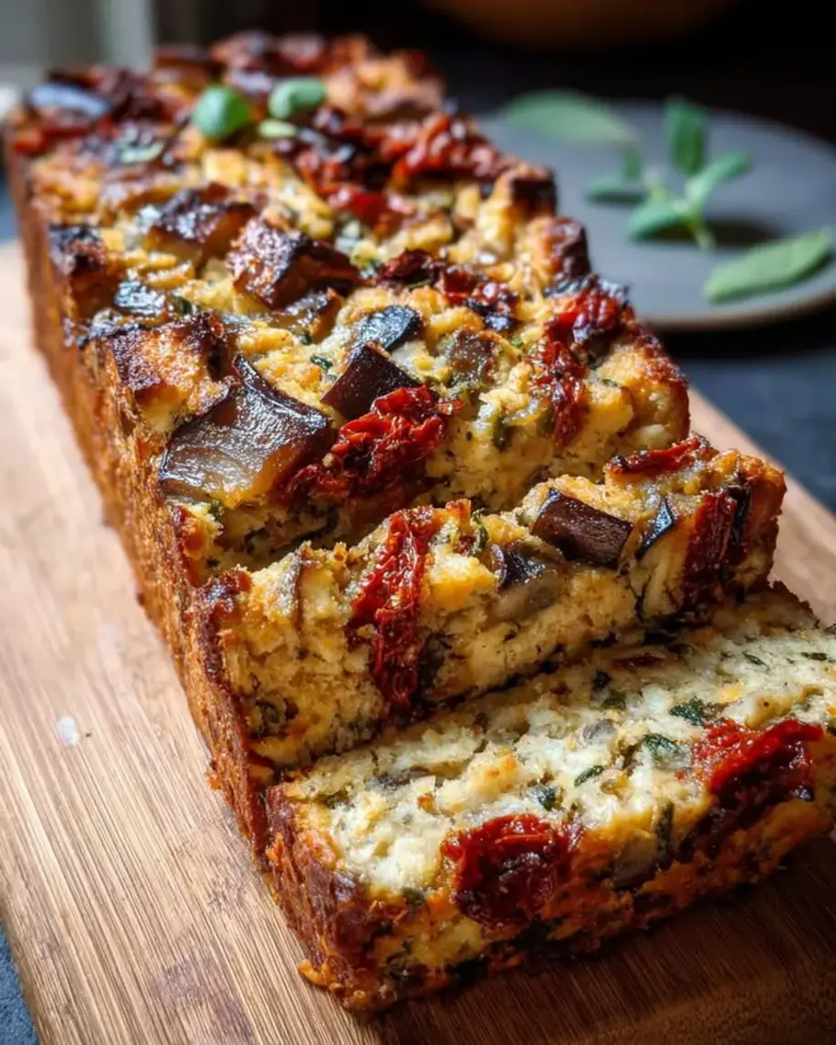 A golden brown Mediterranean loaf on a wooden board, sliced to reveal herbs and olives within.