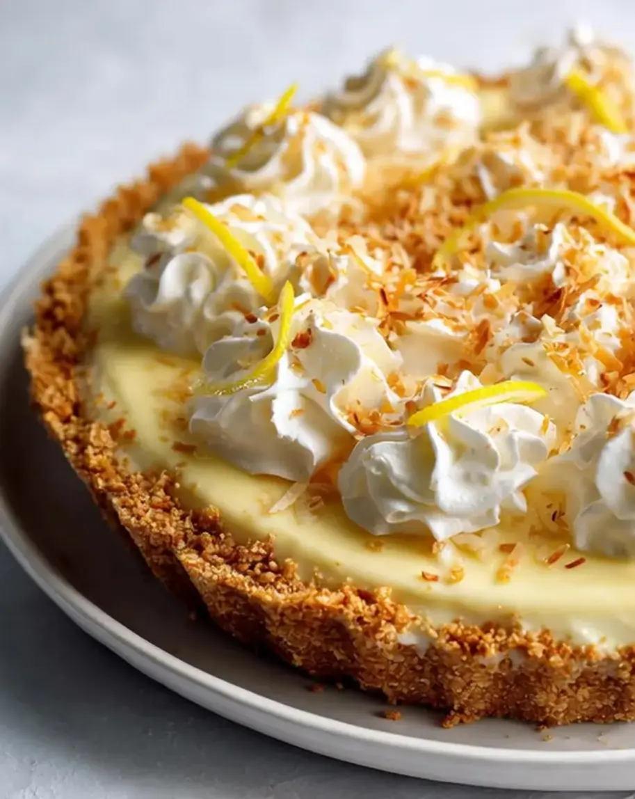 A slice of creamy lemon coconut pie with a graham cracker crust, garnished with whipped cream and toasted coconut flakes.