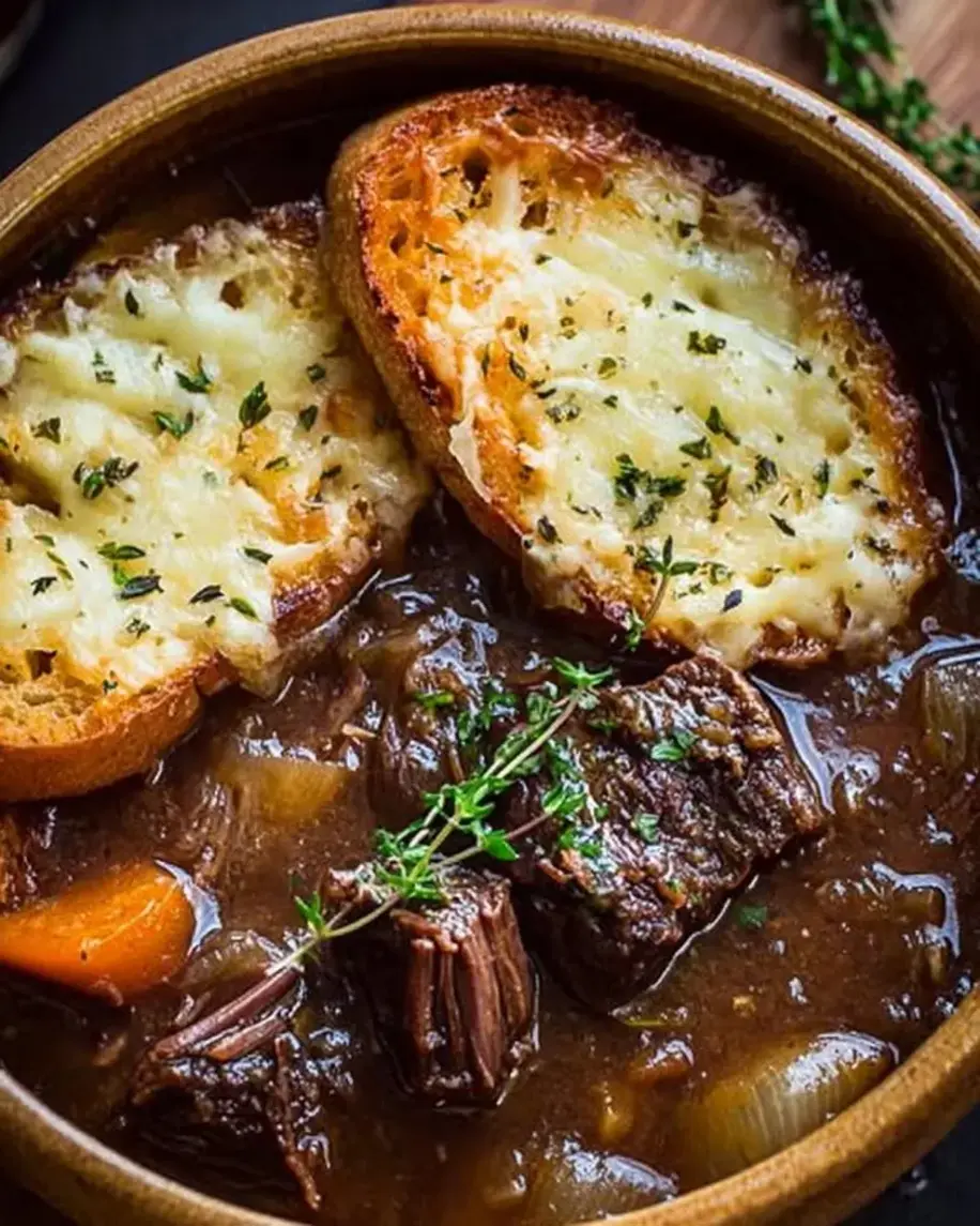 Bowl of French Onion Short Rib Soup topped with Gruyère toast