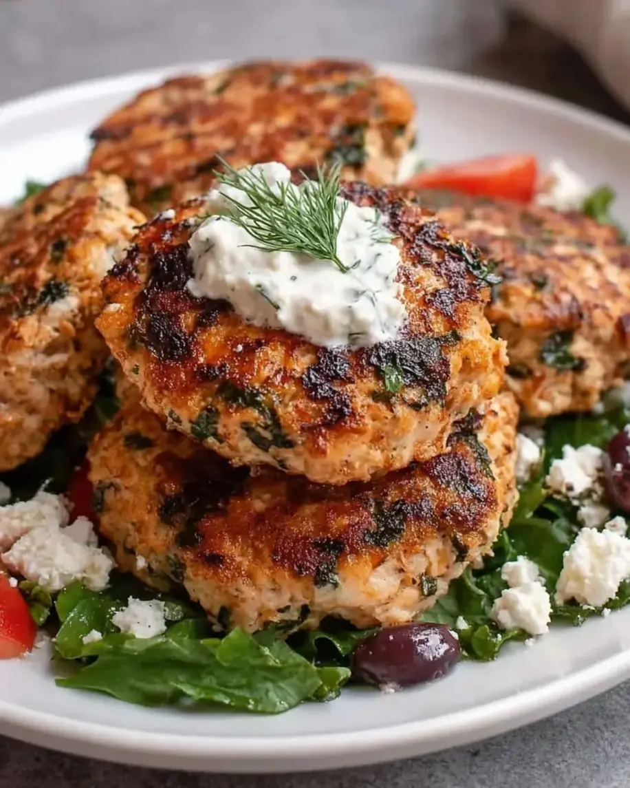 Mediterranean Chicken Patties on a platter with fresh herbs