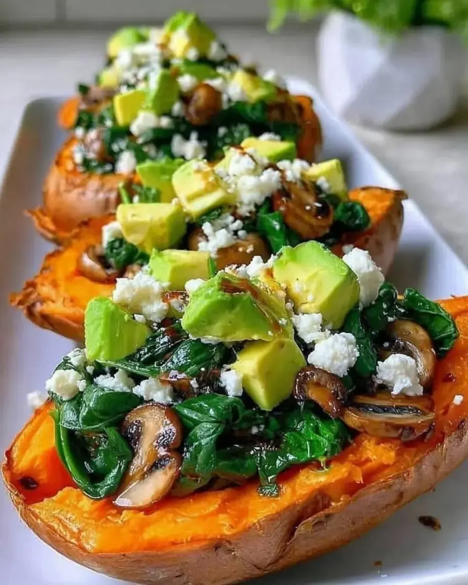 A healthy stuffed sweet potato with spinach, avocado, and feta on a plate.