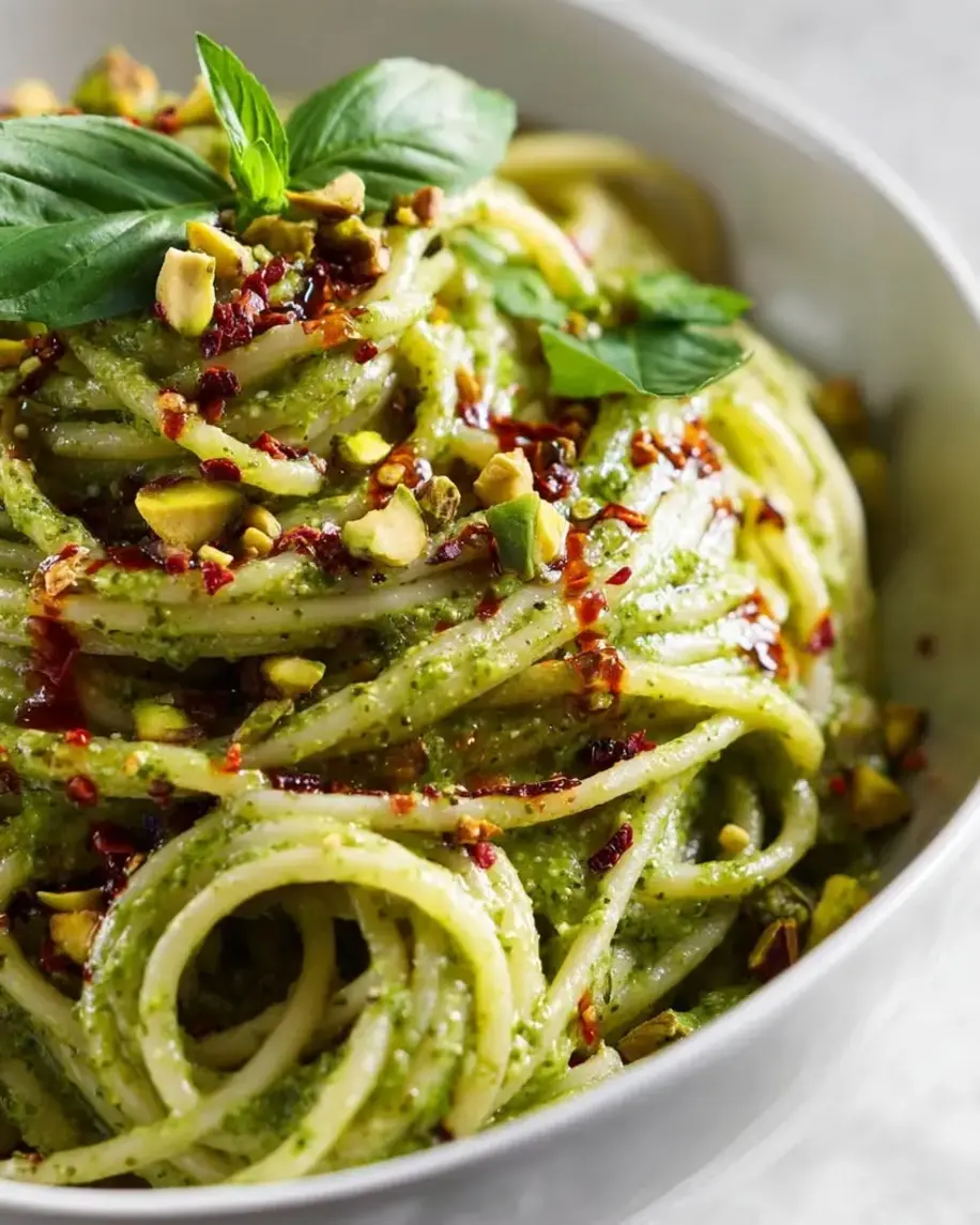 Pistachio-Avocado Pesto Pasta with Spicy Chili Crunch