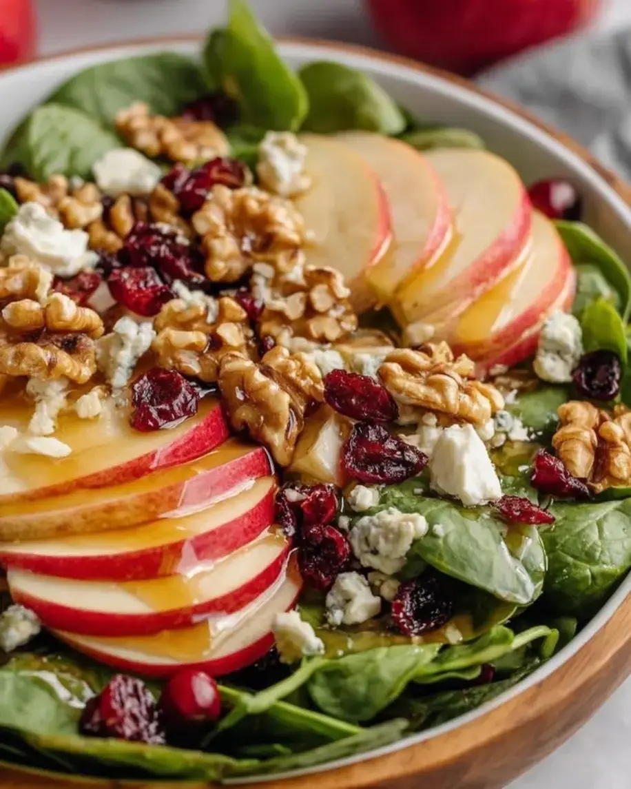 A vibrant Apple Walnut Cranberry Salad with Maple Dressing, showcasing fresh ingredients.