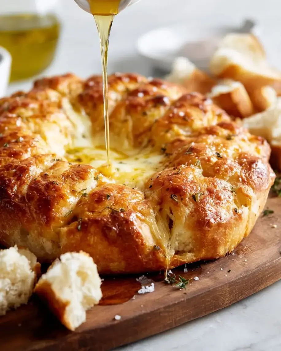 Molten cheese focaccia bread being pulled apart, showing gooey cheese.