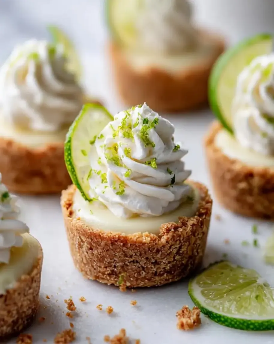 Mini Key Lime Pie Bites topped with whipped cream and lime zest.