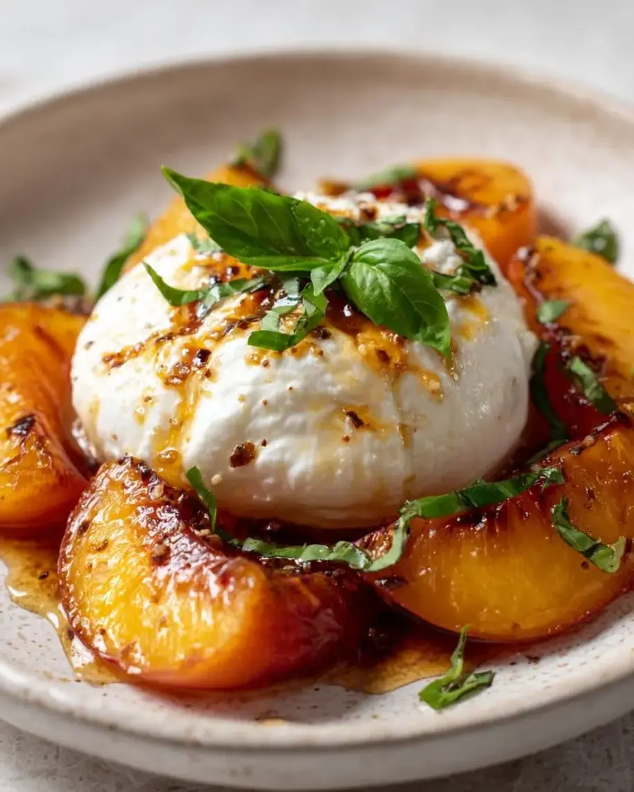 A close-up shot of a burrata cheese ball drizzled with honey and chili oil, garnished with fresh basil, served on a white plate with toasted baguette slices.