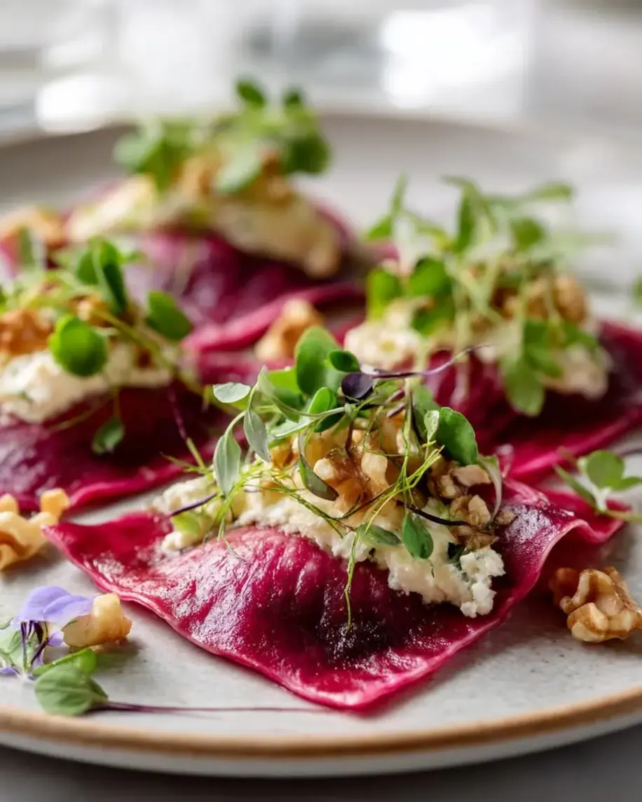 Raw Chioggia Beet Ravioli with Whipped Cheese & Walnut