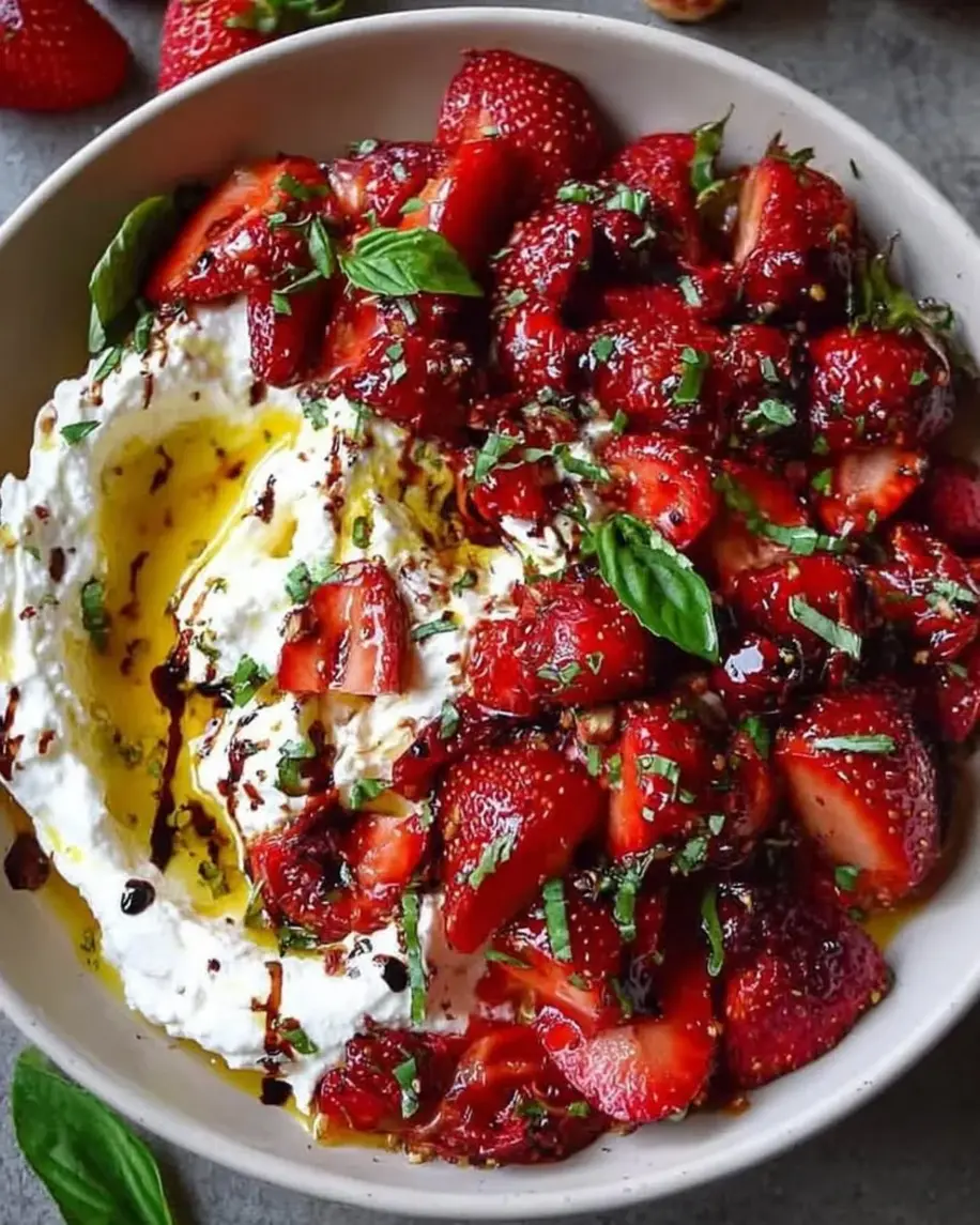 Whipped feta with roasted strawberries in a serving bowl.