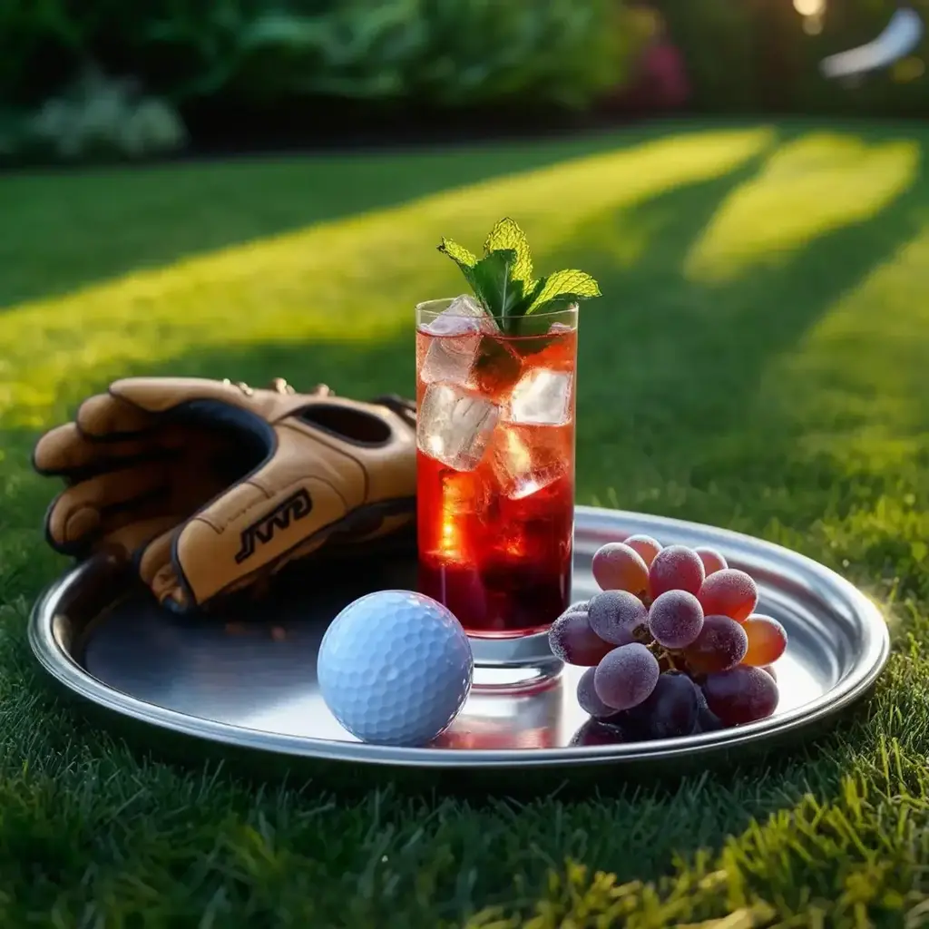 A tall glass filled with a Transfusion drink, garnished with a lime wedge, with ice visible.
