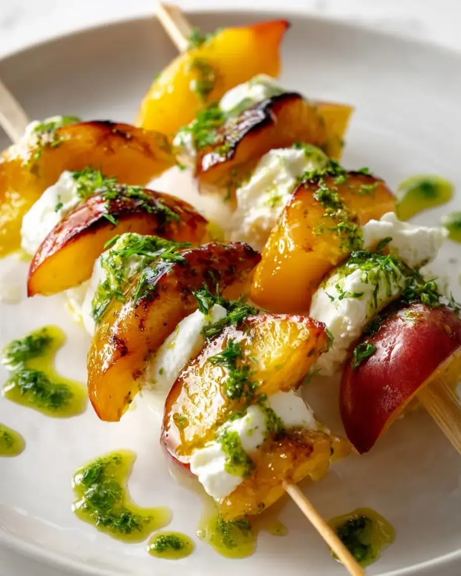 Burrata Caramelized Peach Skewers with Basil Oil dish