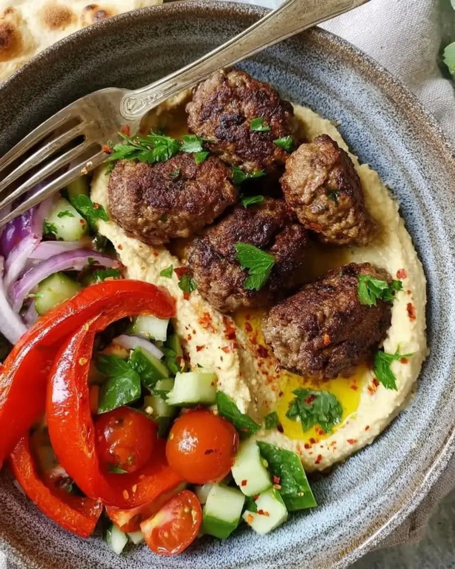 A vibrant hummus bowl filled with creamy hummus, fresh salad, and savory kofta.