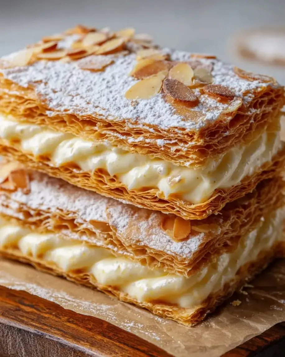 A beautifully assembled Parisian Almond Mille-Feuille on a white plate, showcasing its golden puff pastry layers and creamy filling, dusted with powdered sugar and sliced almonds.