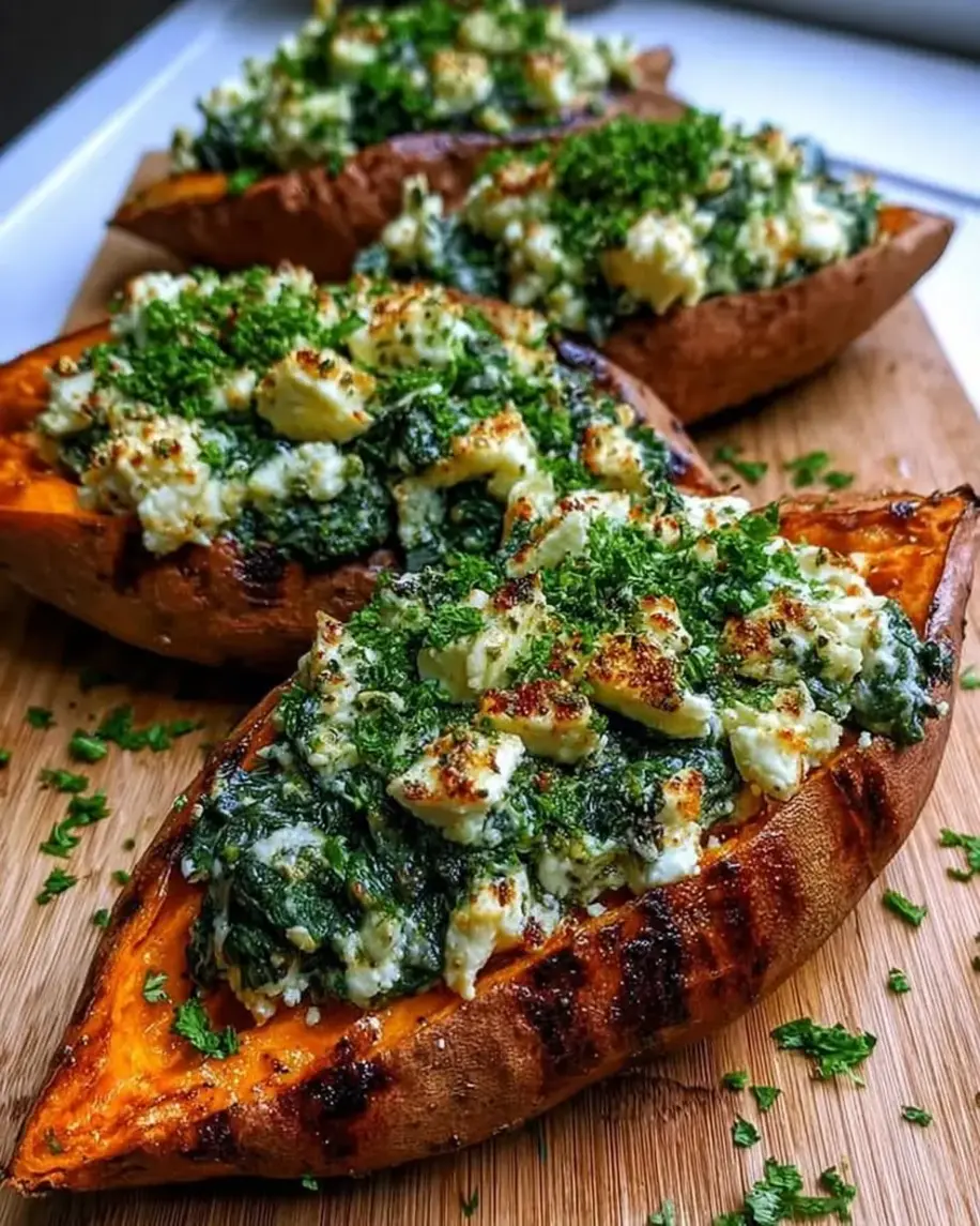 Spinach and Ricotta Stuffed Sweet Potatoes before baking, ready to go in the oven.