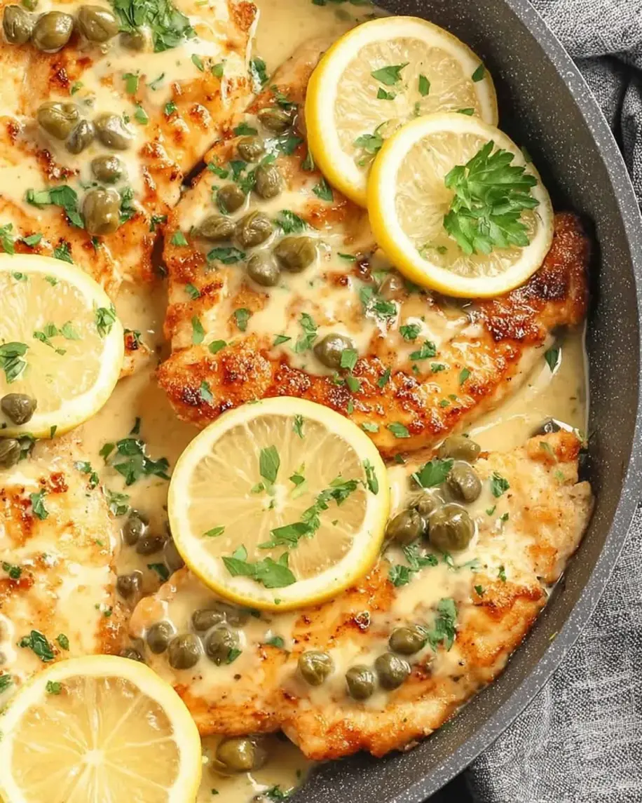 Chicken Piccata ready to be served with lemon slices and parsley