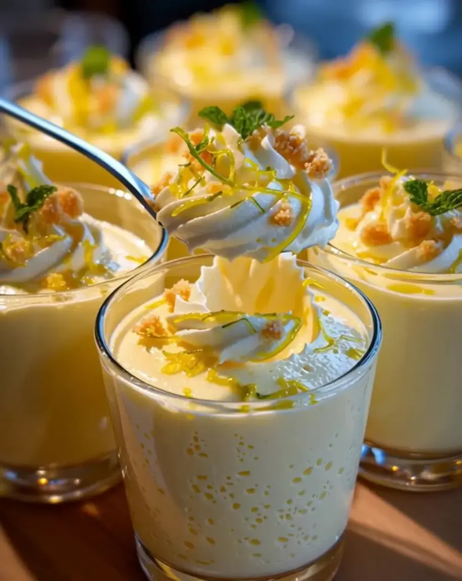 A creamy, zesty lemon dessert in a clear serving dish garnished with berries.