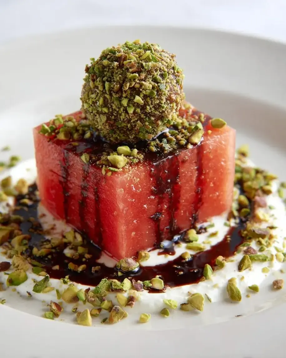 Frozen Watermelon Cubes with Pistachio Cheese Truffle & Balsamic Glaze