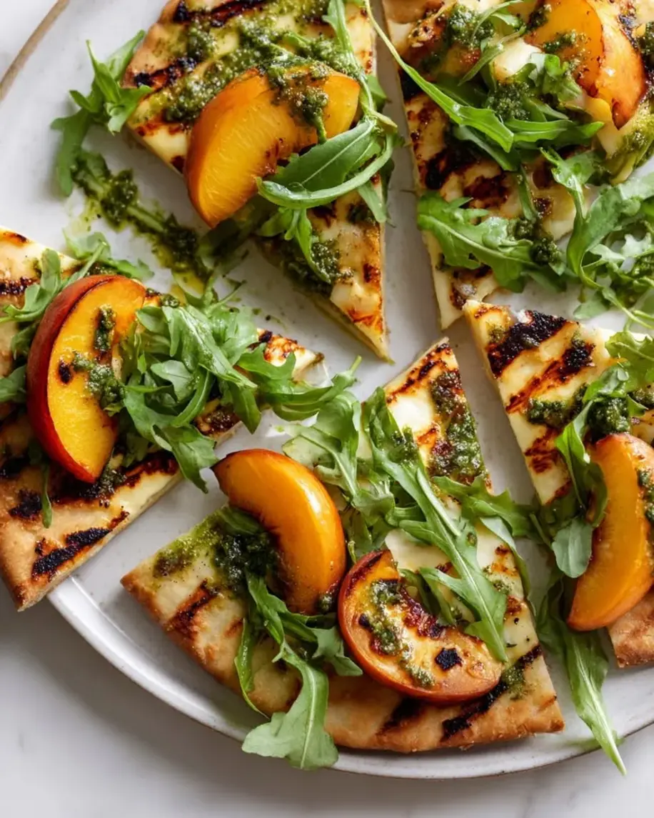 Grilled Peach and Halloumi Flatbread with Basil Drizzle