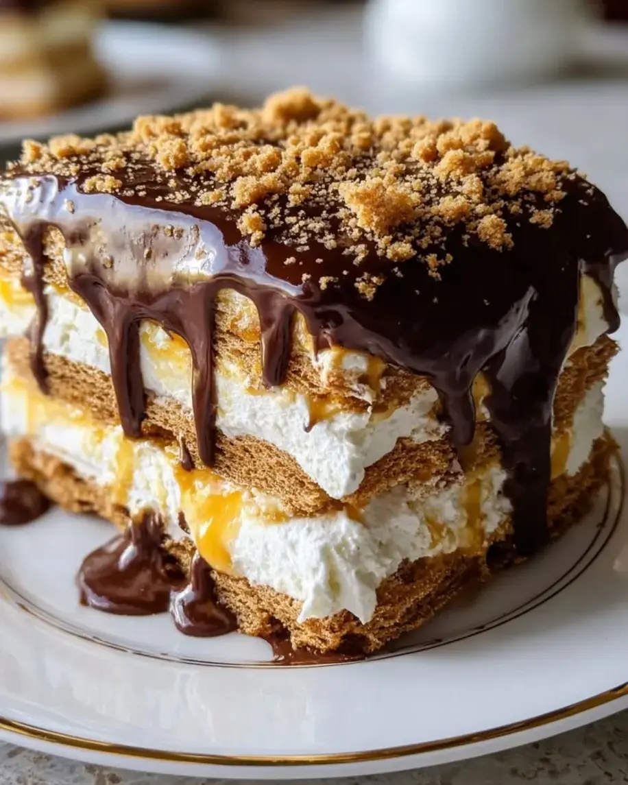 No-Bake Creamy Éclair Indulgence layers of graham cracker, pudding, and chocolate.