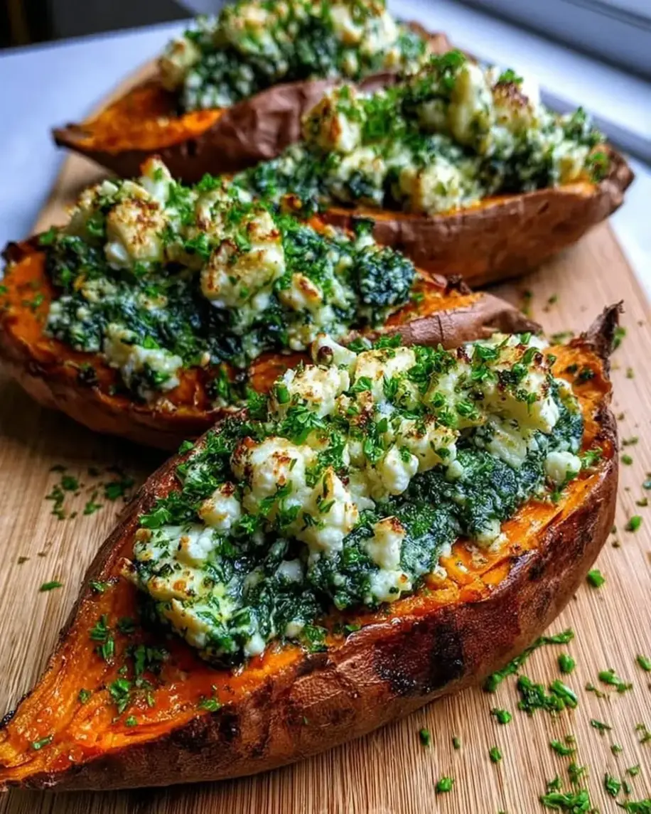 Spinach Ricotta Stuffed Sweet Potatoes with Herb Drizzle