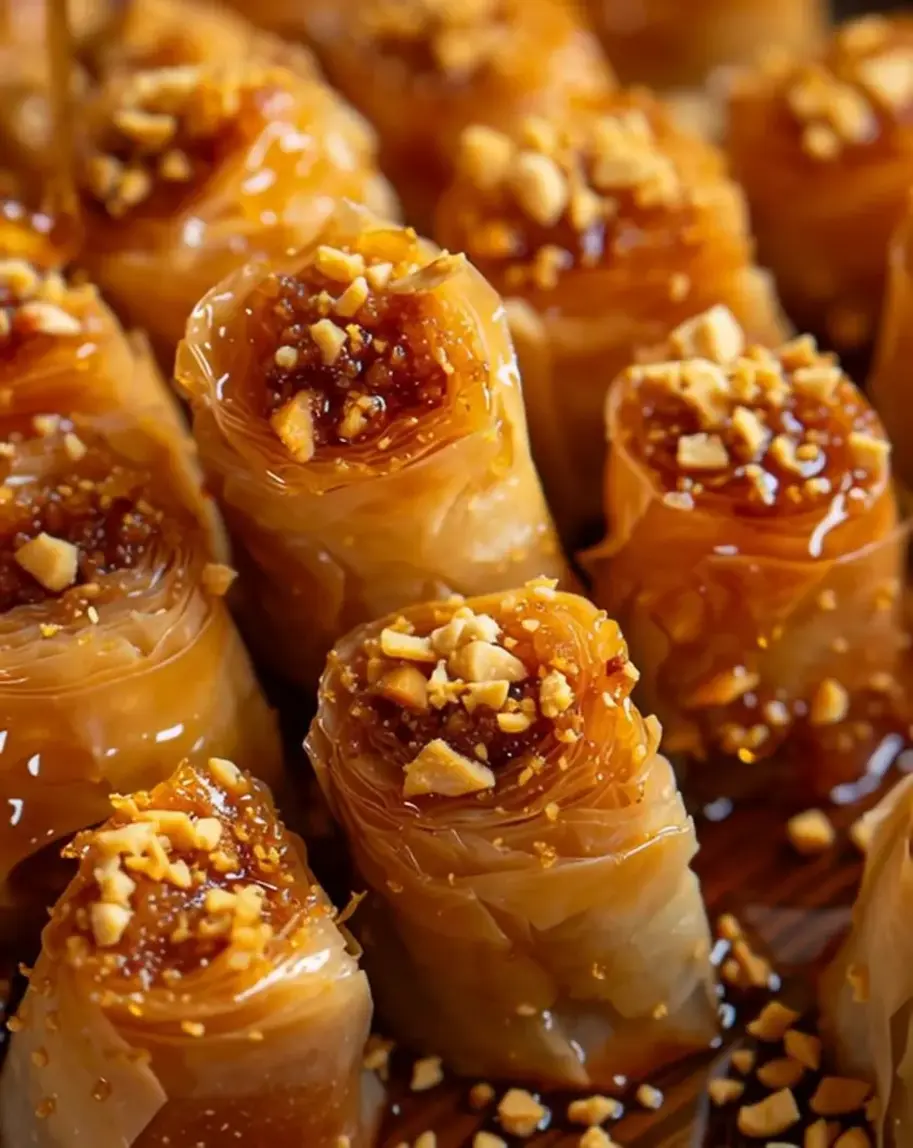 Delicious homemade baklava bites stacked and glistening with syrup.