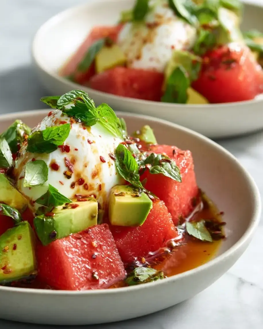Refreshing burrata bowl with watermelon, avocado, and chili-mint drizzle