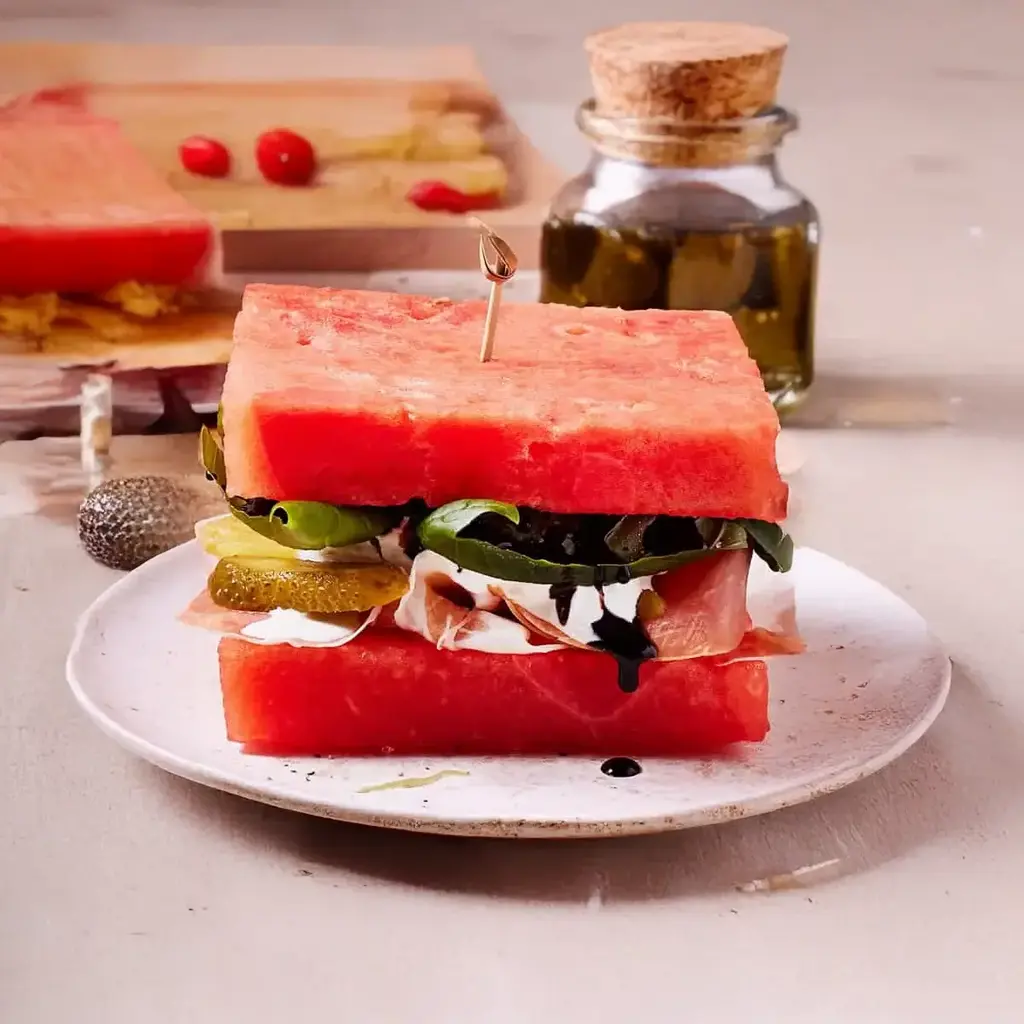 A beautifully arranged watermelon sandwich with layers of cheese, pickles, basil, and drizzled with hot honey and balsamic glaze, served on a white plate.